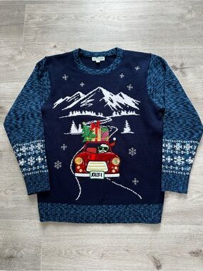 Holiday Hype Men’s Ugly Christmas Sweater Size Medium Red Car Knit Festive Fun